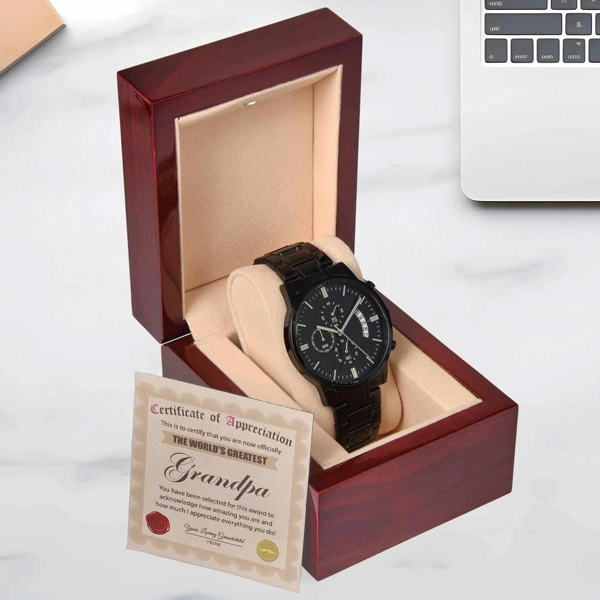 Certificate of Appreciation for the World's Greatest Grandpa Black Chronograph Watch