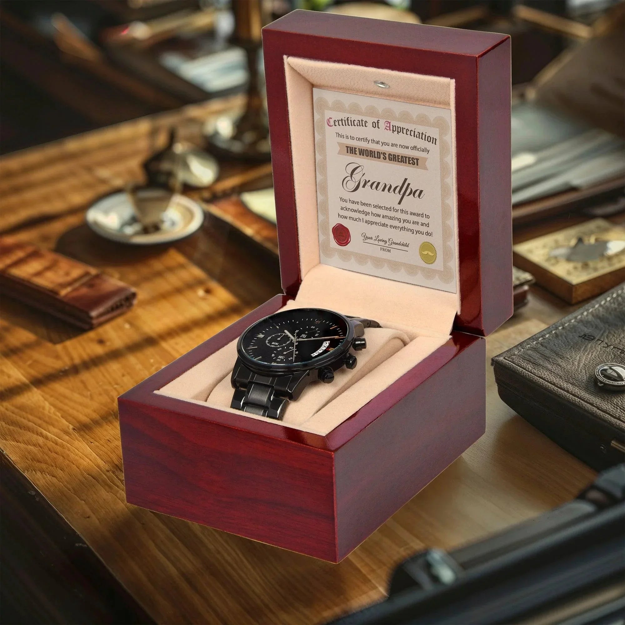Certificate of Appreciation for the World's Greatest Grandpa Black Chronograph Watch