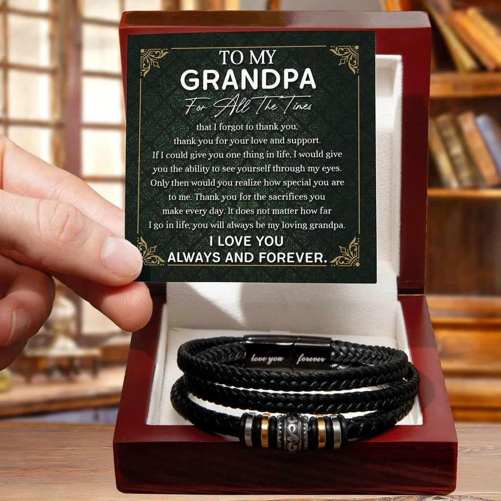Grandpa Gift Thank You for Your Love and Support Black Braided Leather Men's Bracelet