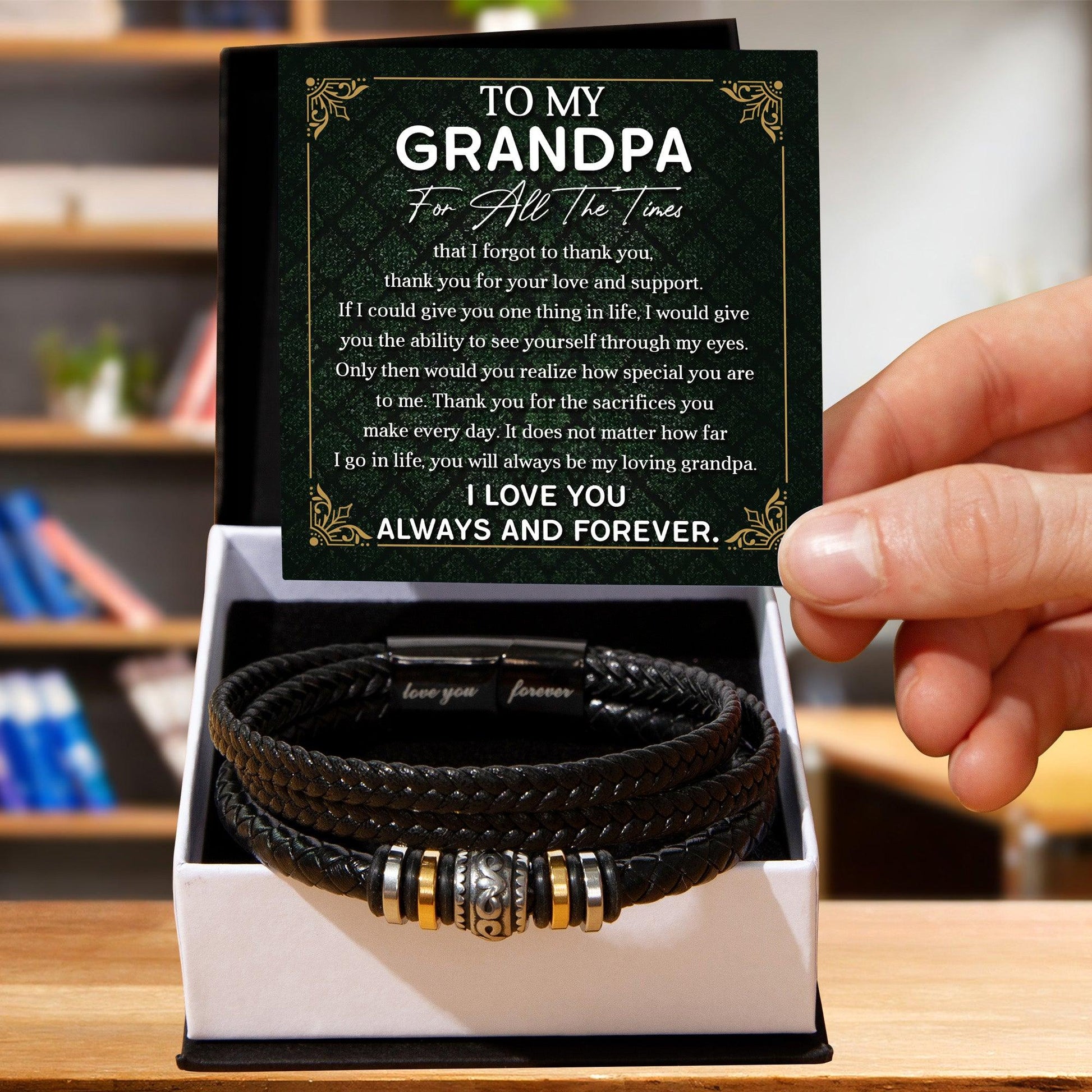 Grandpa Gift Thank You for Your Love and Support Black Braided Leather Men's Bracelet - Mallard Moon Gift Shop