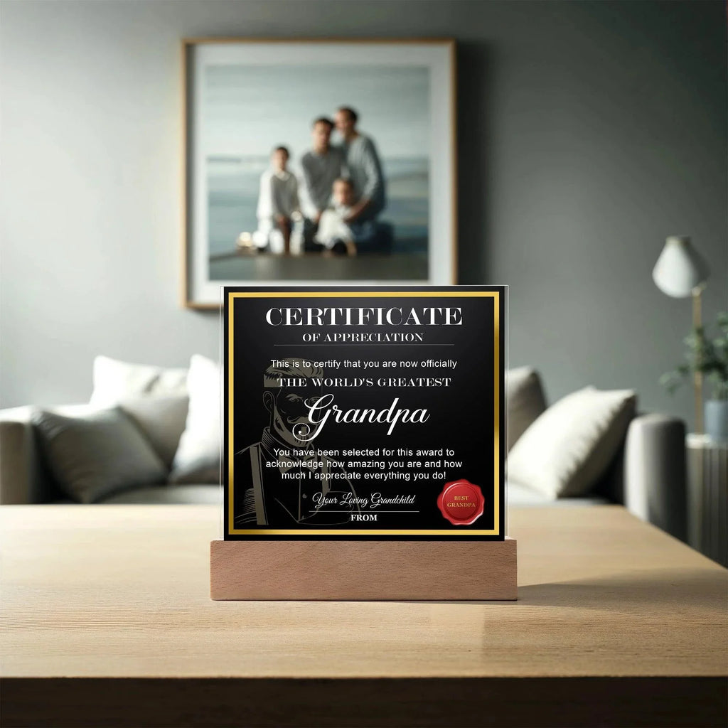 World’s Greatest Grandpa Certificate Acrylic Plaque – Personalized Appreciation Gift with LED Light Base