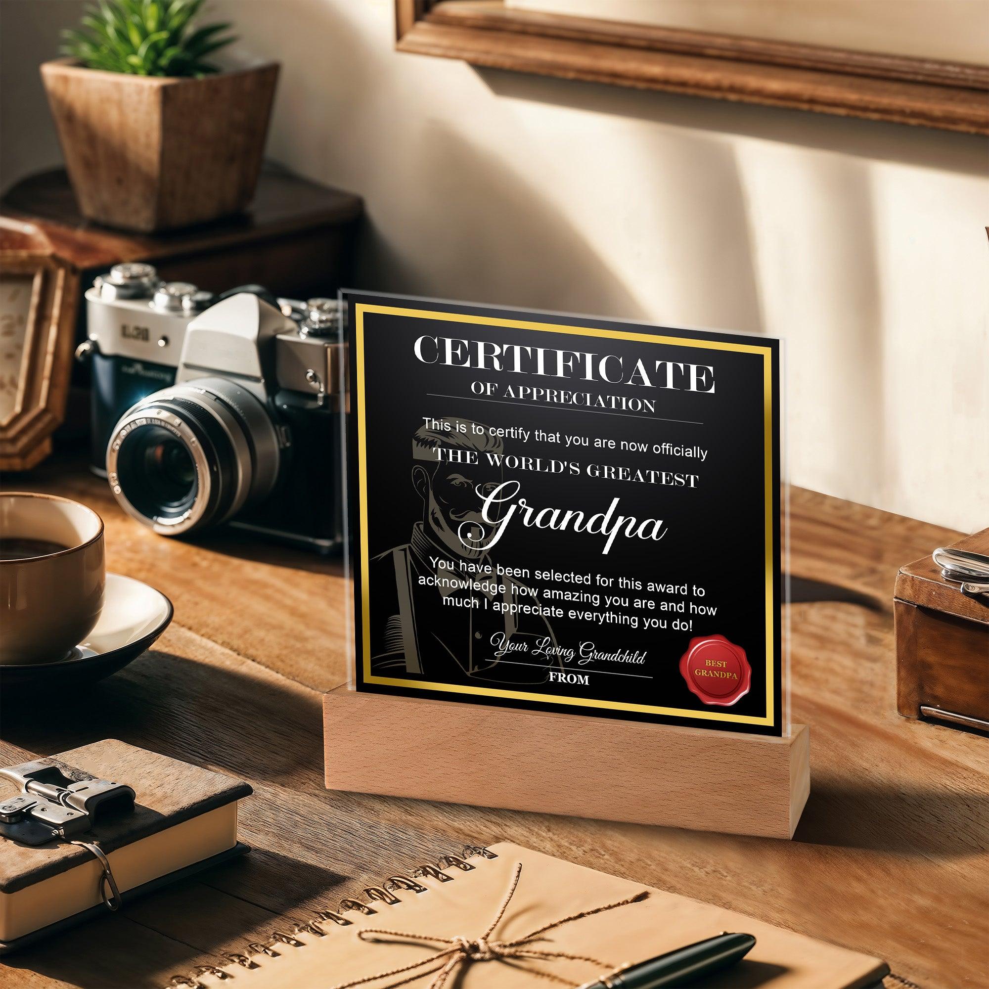 Certificate of Appreciation - The World's Greatest Grandpa Acrylic Plaque - Mallard Moon Gift Shop