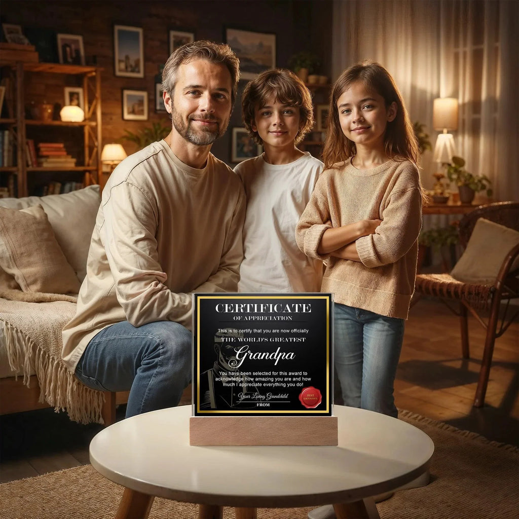 World’s Greatest Grandpa Certificate Acrylic Plaque – Personalized Appreciation Gift with LED Light Base