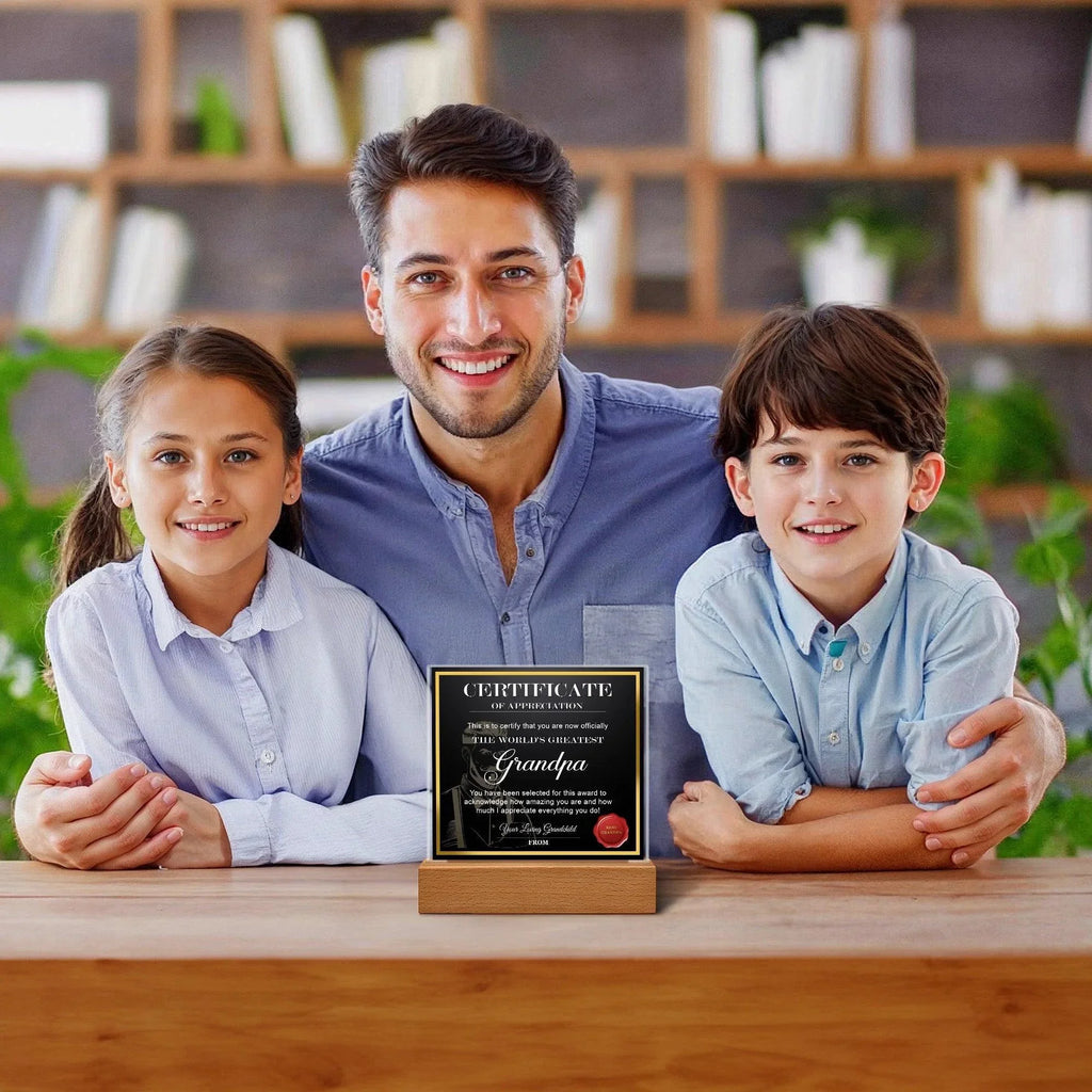 World’s Greatest Grandpa Certificate Acrylic Plaque – Personalized Appreciation Gift with LED Light Base