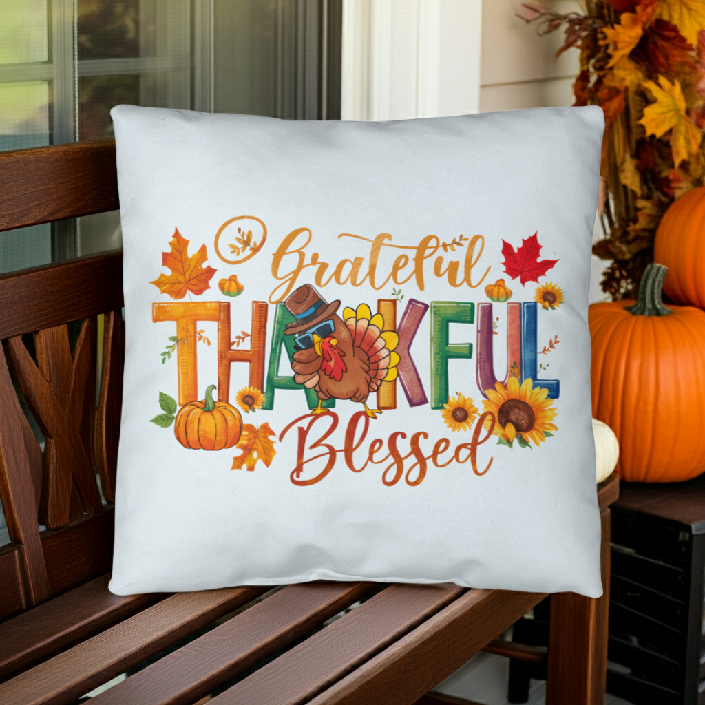 Grateful Thankful Blessed Pillow – Colorful Turkey & Pumpkin Thanksgiving Cushion – Indoor/Outdoor, 3 Sizes - Mallard Moon