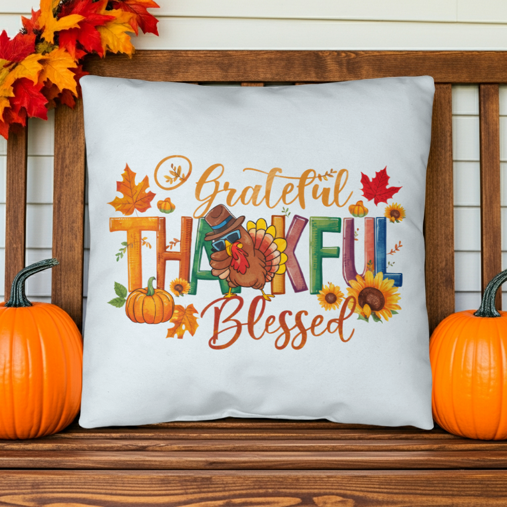 Grateful Thankful Blessed Pillow – Colorful Turkey & Pumpkin Thanksgiving Cushion – Indoor/Outdoor, 3 Sizes - Mallard Moon