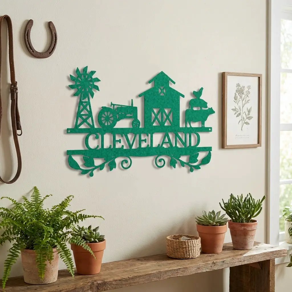 Personalized Barn & Tractor Steel Wall Art - Custom Farm Name Metal Sign