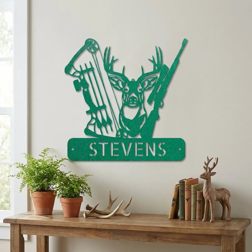 Personalized Deer Hunting Metal Wall Art Custom Hunter Name Sign Buck Head Bow Rifle Decor Rustic Cabin Hunting Gift Outdoor Wall Decor