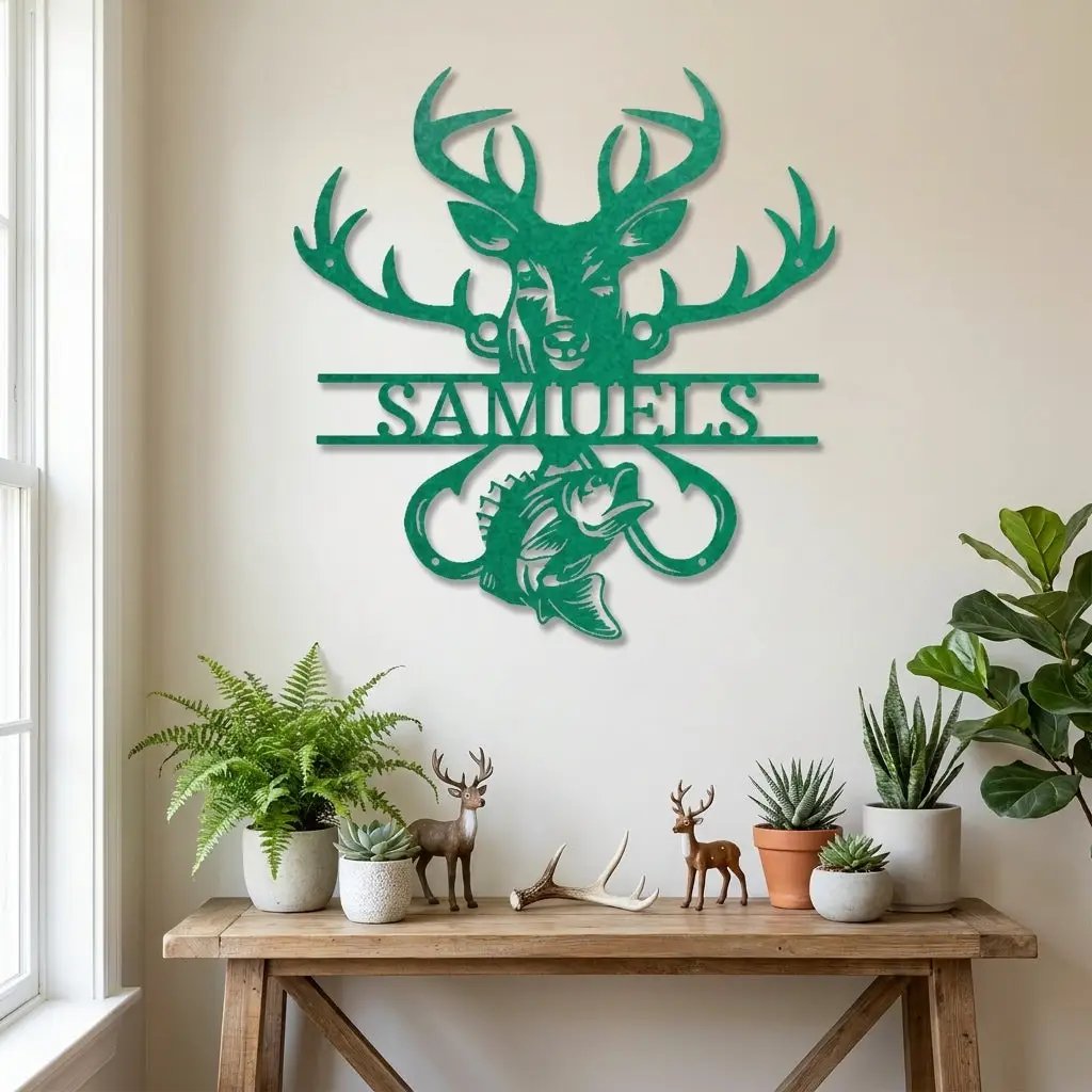 Outdoorsman Custom Metal Wall Art Deer Hunting and Bass Fishing Sign Custom Name Rustic Cabin Decor Hunter Fisherman Gift