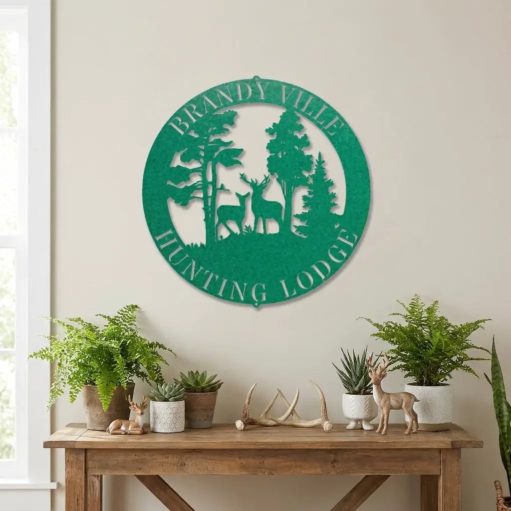 Personalized Deer Couple Metal Wall Art Custom Family Name Sign Hunting Lodge Decor Buck Doe Forest Scene Rustic Outdoor Wall Hanging