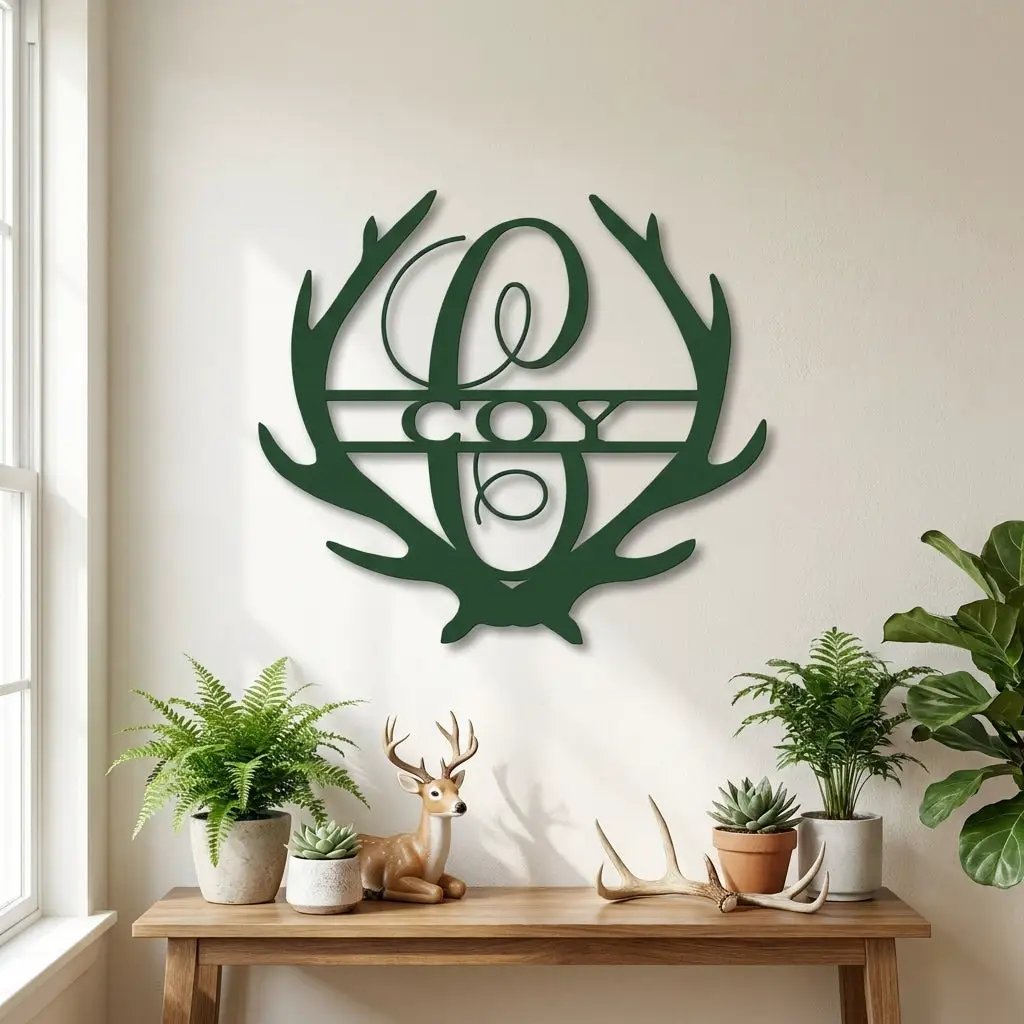 Personalized Deer Antler Family Name Metal Sign – Rustic Last Name Monogram Wall Art – Cabin Lodge Decor Gift