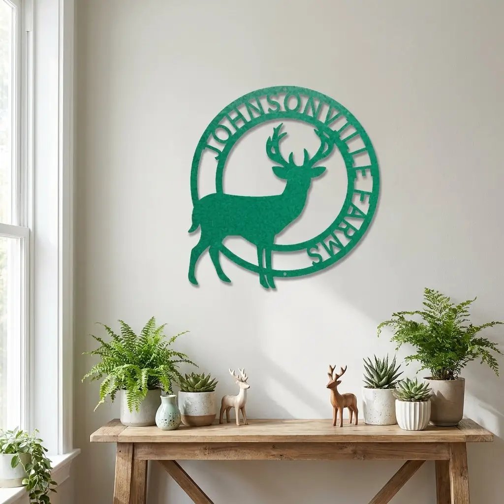 Personalized Deer Family Name Metal Sign – Custom Last Name Circle Wall Art – Rustic Farmhouse Home Decor Gift