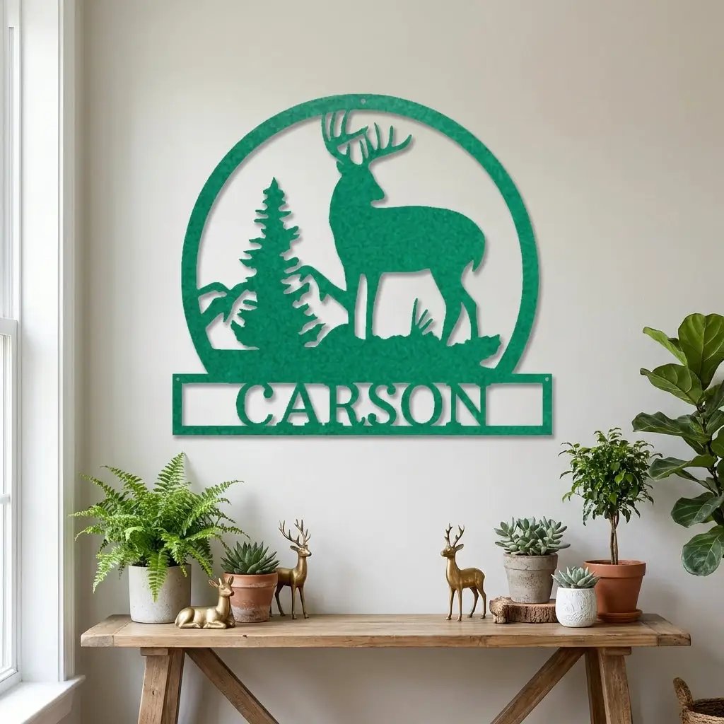 Personalized Deer Scene Metal Sign – Custom Last Name Wall Art – Rustic Cabin Forest Decor Gift