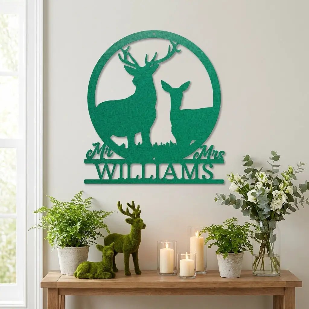Personalized Mr & Mrs Deer Couple Metal Sign – Custom Last Name Stag & Doe Wall Art – Romantic Wedding or Anniversary Gift