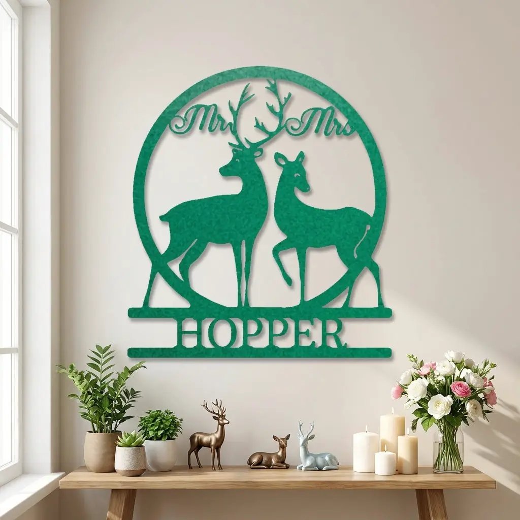 Personalized Mr and Mrs Deer Metal Sign – Custom Last Name Wedding Wall Art – Rustic Anniversary Gift for Couple