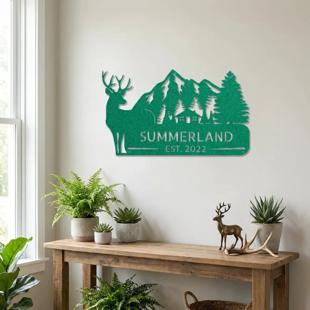 Personalized Deer Mountain Cabin Metal Sign – Custom Family Name Wilderness Wall Art – Rustic Lodge Decor with Trees & Mountains