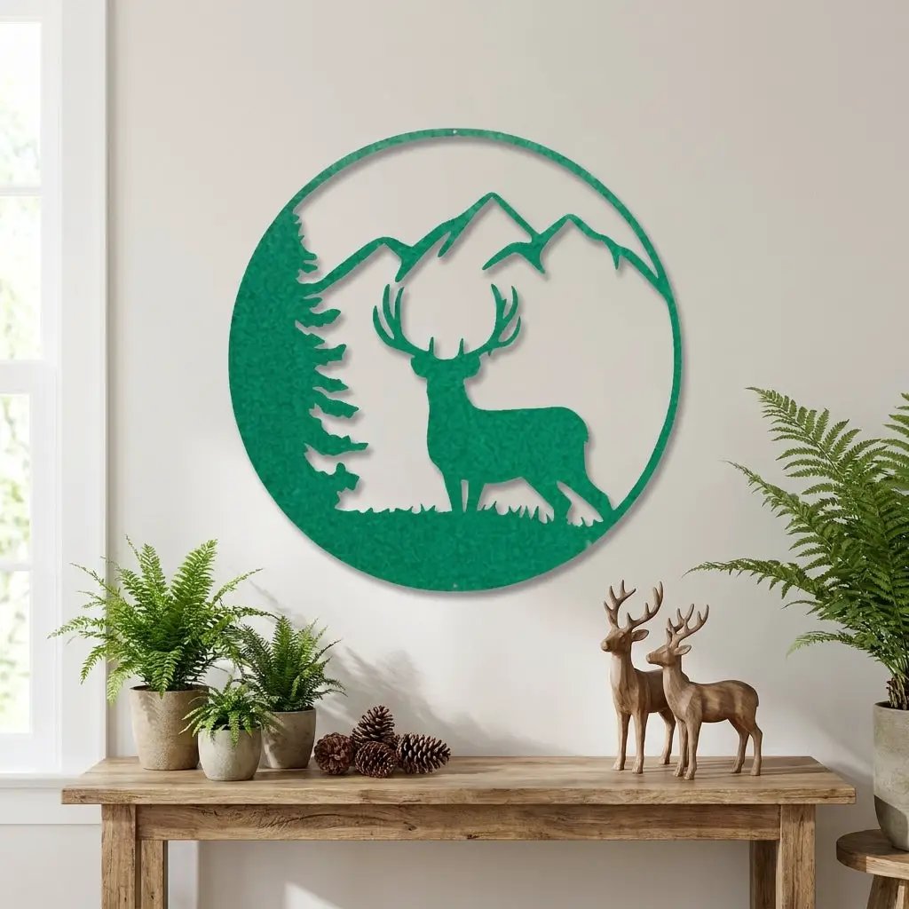 Deer Mountain Metal Wall Art – Rustic Wildlife Circle Sign – Forest & Cabin Lodge Decor – Stag Silhouette Steel Wall Hanging
