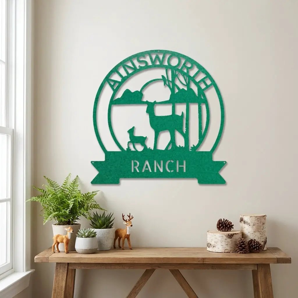 Personalized Deer Ranch Metal Sign – Doe & Fawn Sunset Wall Art – Custom Family Name & Ranch Name Sign – Rustic Farmhouse Lodge Decor
