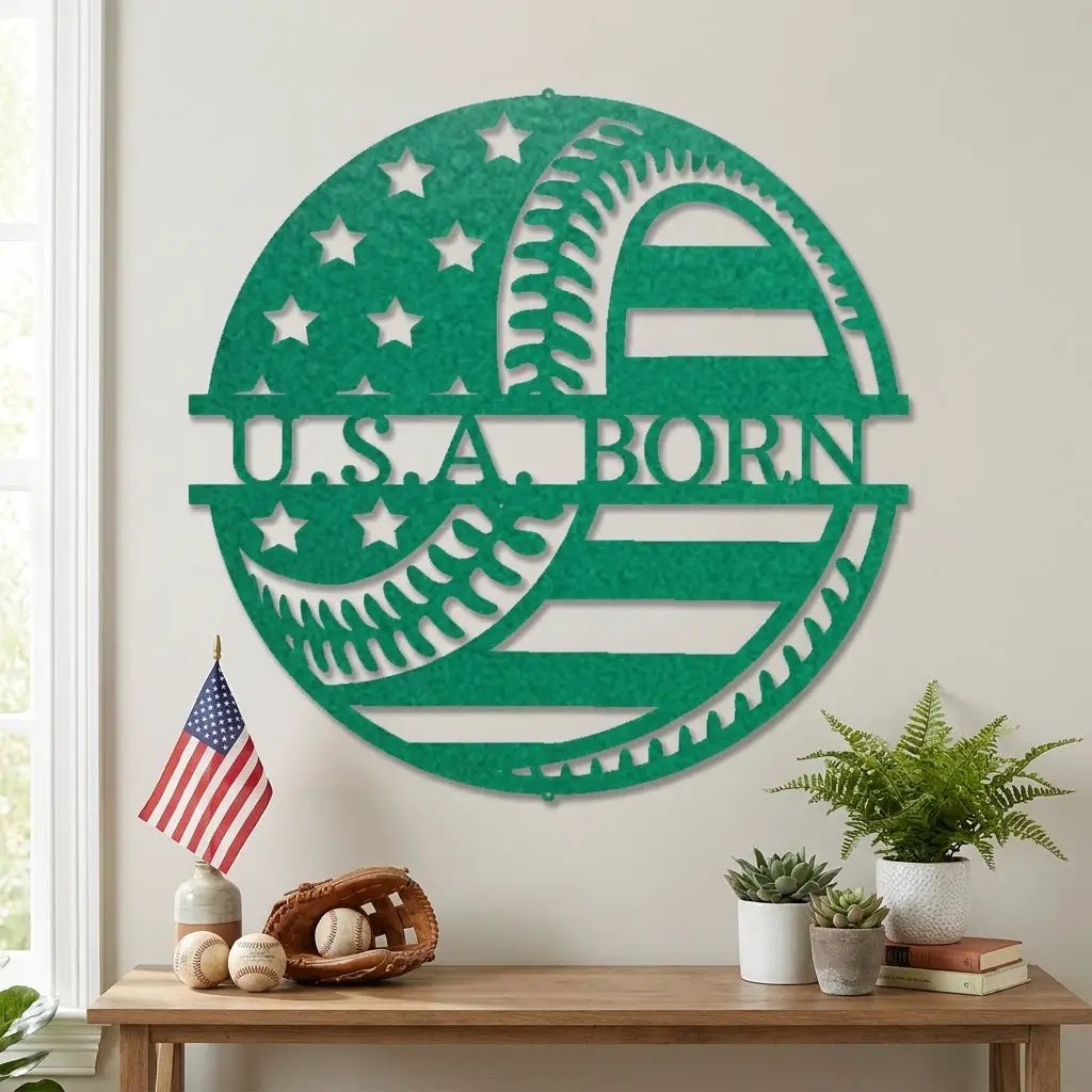 Baseball American Flag Custom Name Metal Art Wall Sign