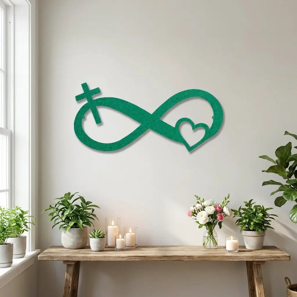 Infinity Cross and Heart Metal Wall Art – Christian Faith Inspired Indoor/Outdoor Sign – Laser Cut Powder-Coated Steel, Elegant Religious Home Décor (Multiple Sizes & Colors)