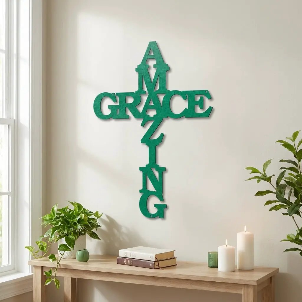 Amazing Grace Cross Steel Wall Art – Christian Metal Cross Sign – Inspirational Faith Decor – Laser Cut Religious Wall Art