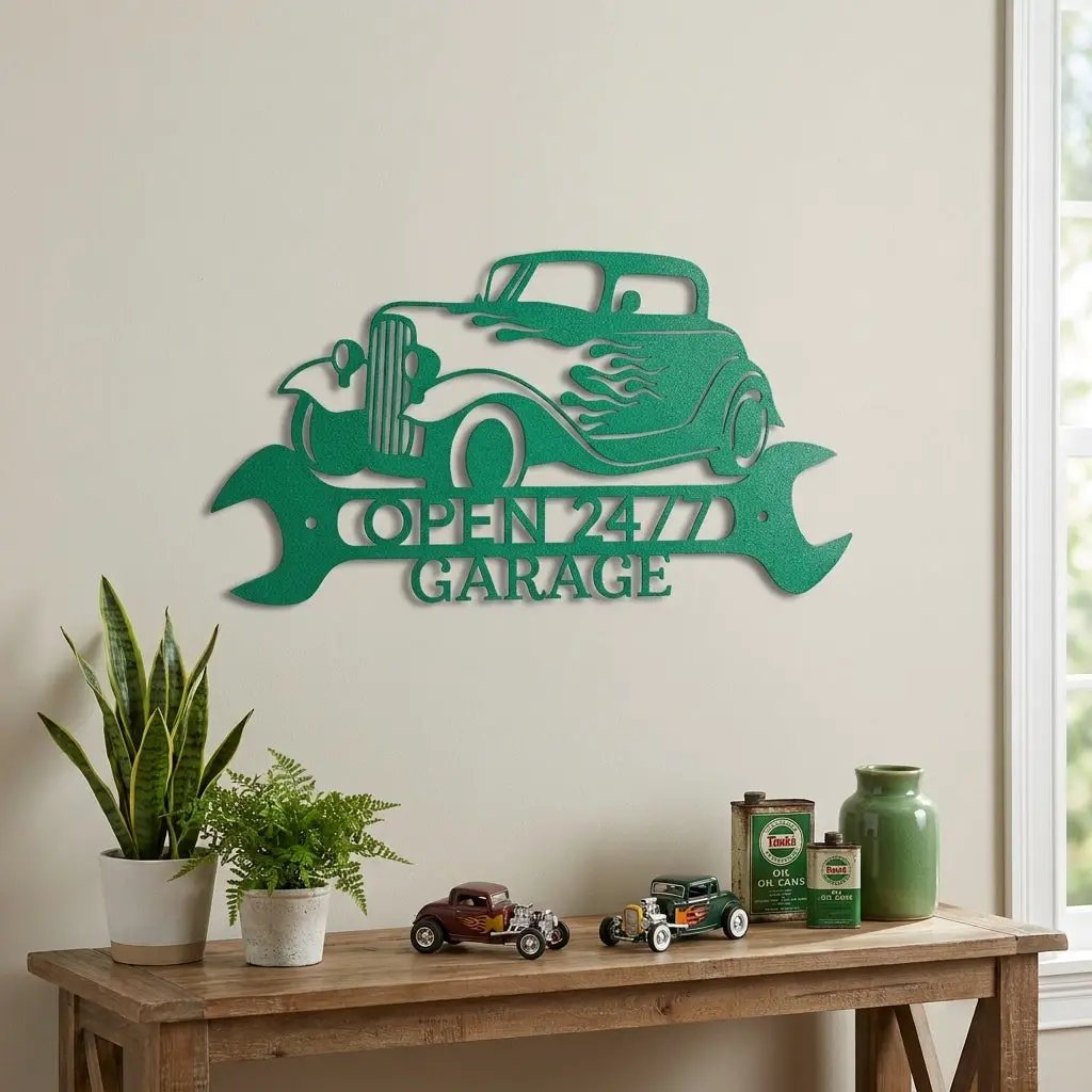 Personalized Hot Rod Metal Sign – Custom Garage Sign – Classic Car Wall Art – Gift for Dad