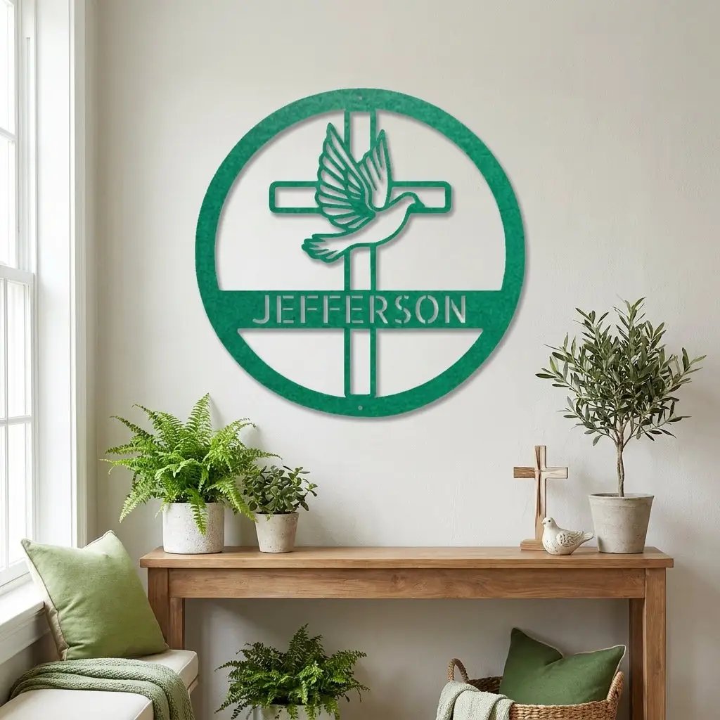 Personalized Cross & Dove Metal Wall Art – Custom Family Name Christian Steel Sign – Faith Based Farmhouse Wall Decor