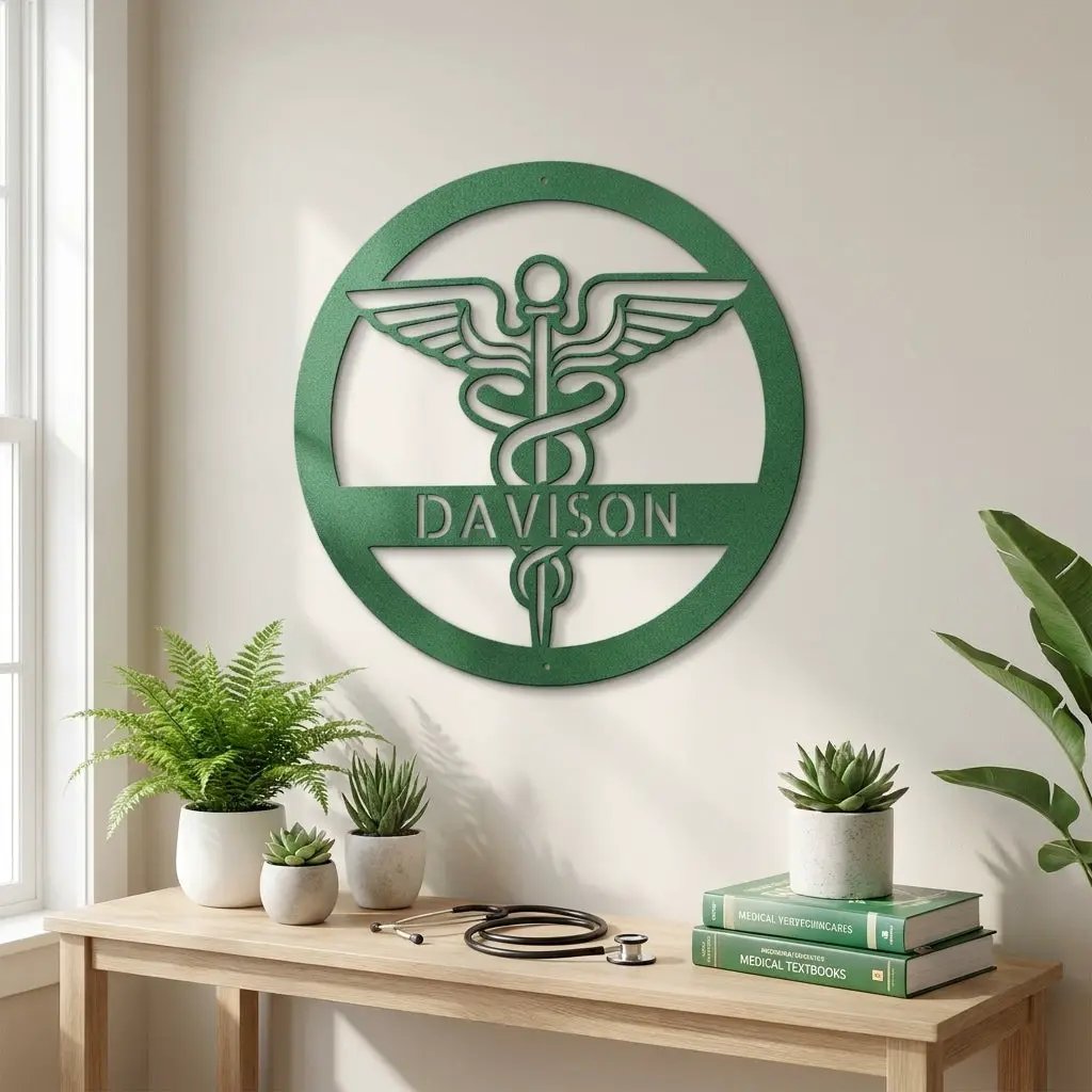 Personalized Medical Symbol Metal Wall Art – Custom Caduceus Steel Sign – Doctor Nurse Healthcare Professional Gift Decor