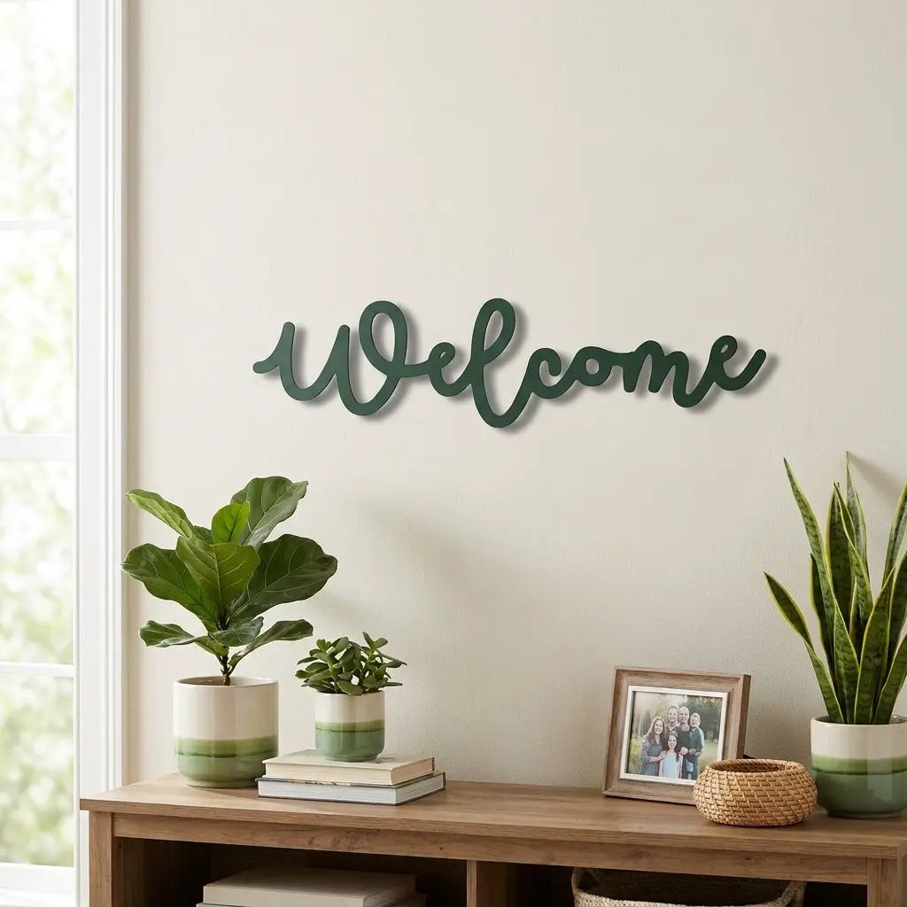 Welcome Script Metal Wall Art – Modern Farmhouse Welcome Sign – Minimalist Entryway Steel Decor for Porch, Foyer & Living Room