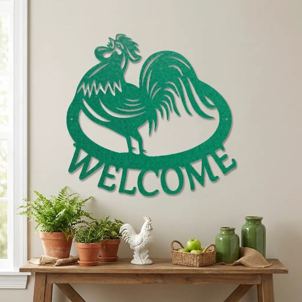 Welcome Rooster Metal Wall Art – Farmhouse Chicken Decor – Rustic Kitchen Wall Sign – Country Home Decor – Farmhouse Porch Sign