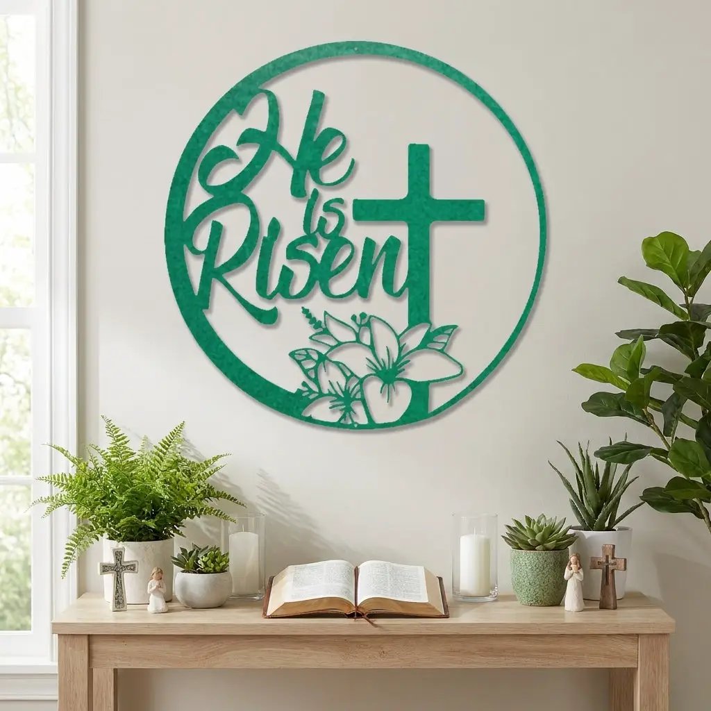 Easter Cross Metal Wall Sign – Christian Home Decor – He Is Risen