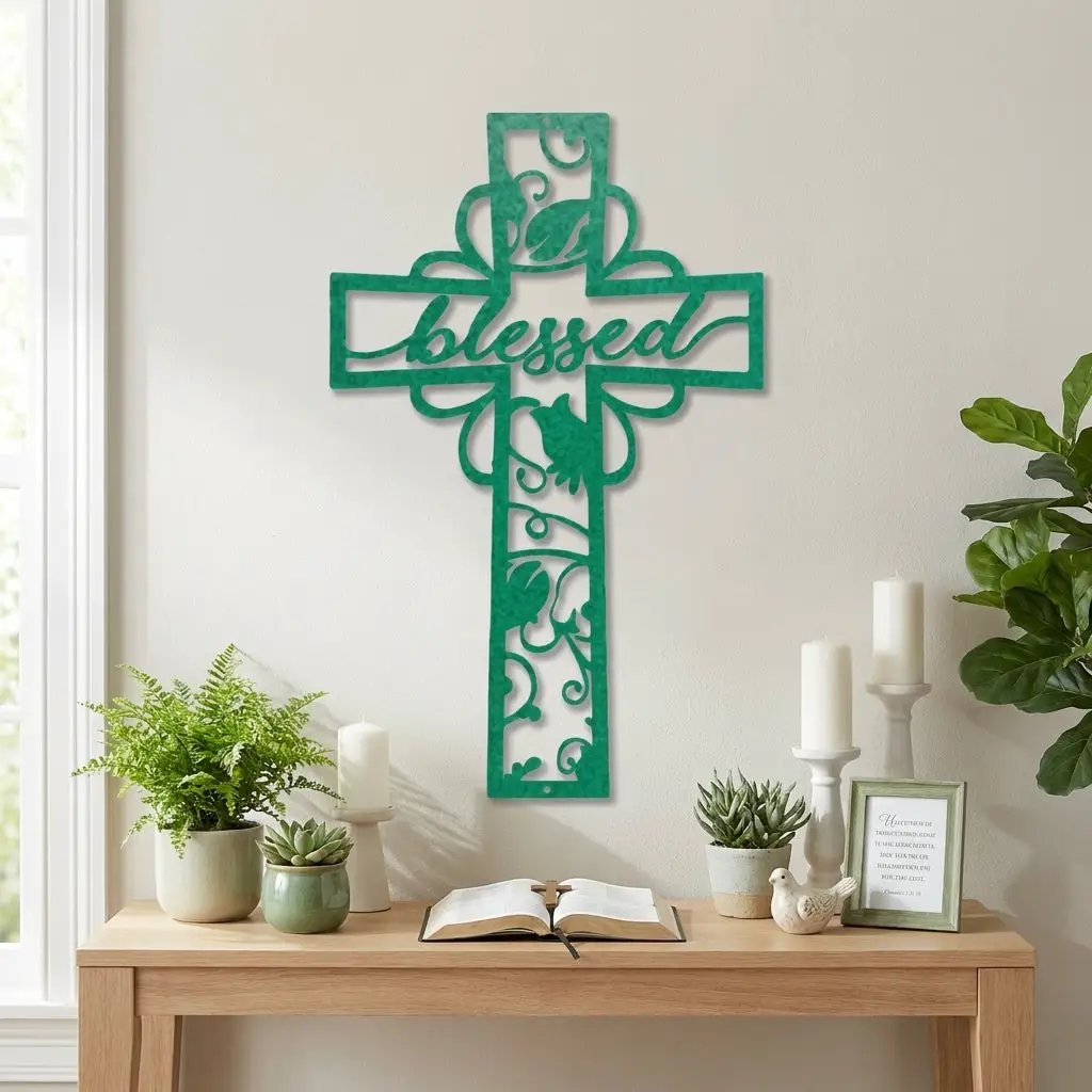 Blessed Cross Metal Wall Art | Christian Floral Cross Decor | Inspirational Faith Wall Hanging