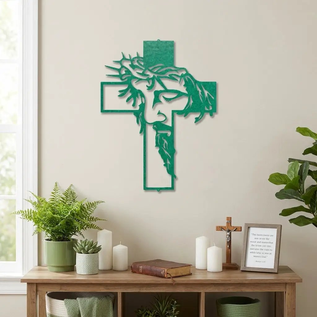 Jesus Crown of Thorns Steel Cross Sign Christian Metal Wall Decor Made in USA