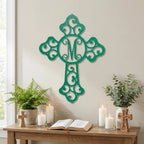 Personalized Initial Cross Metal Wall Art | Custom Monogram Christian Cross Decor | Ornate Faith Wall Hanging