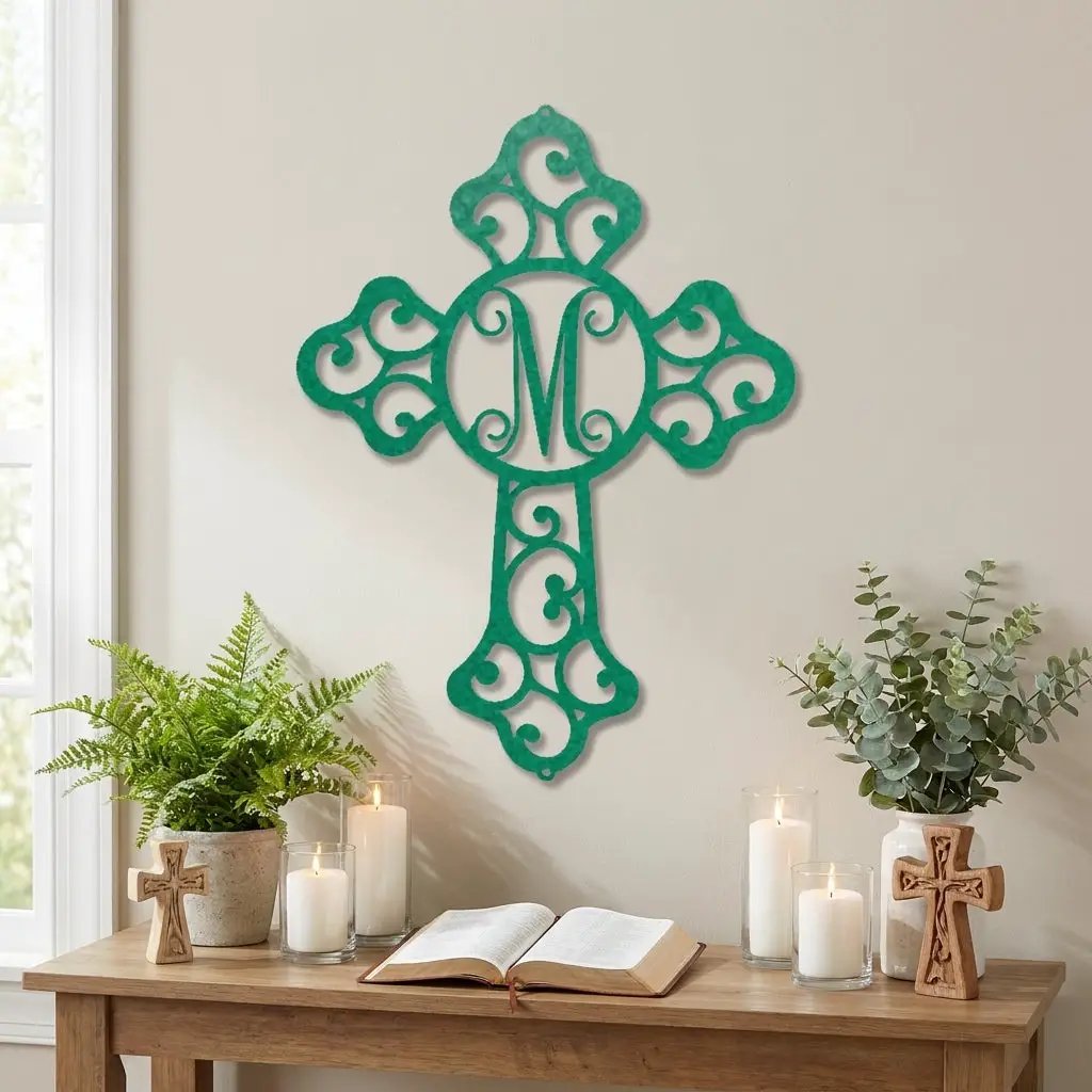 Personalized Initial Cross Metal Wall Art | Custom Monogram Christian Cross Decor | Ornate Faith Wall Hanging