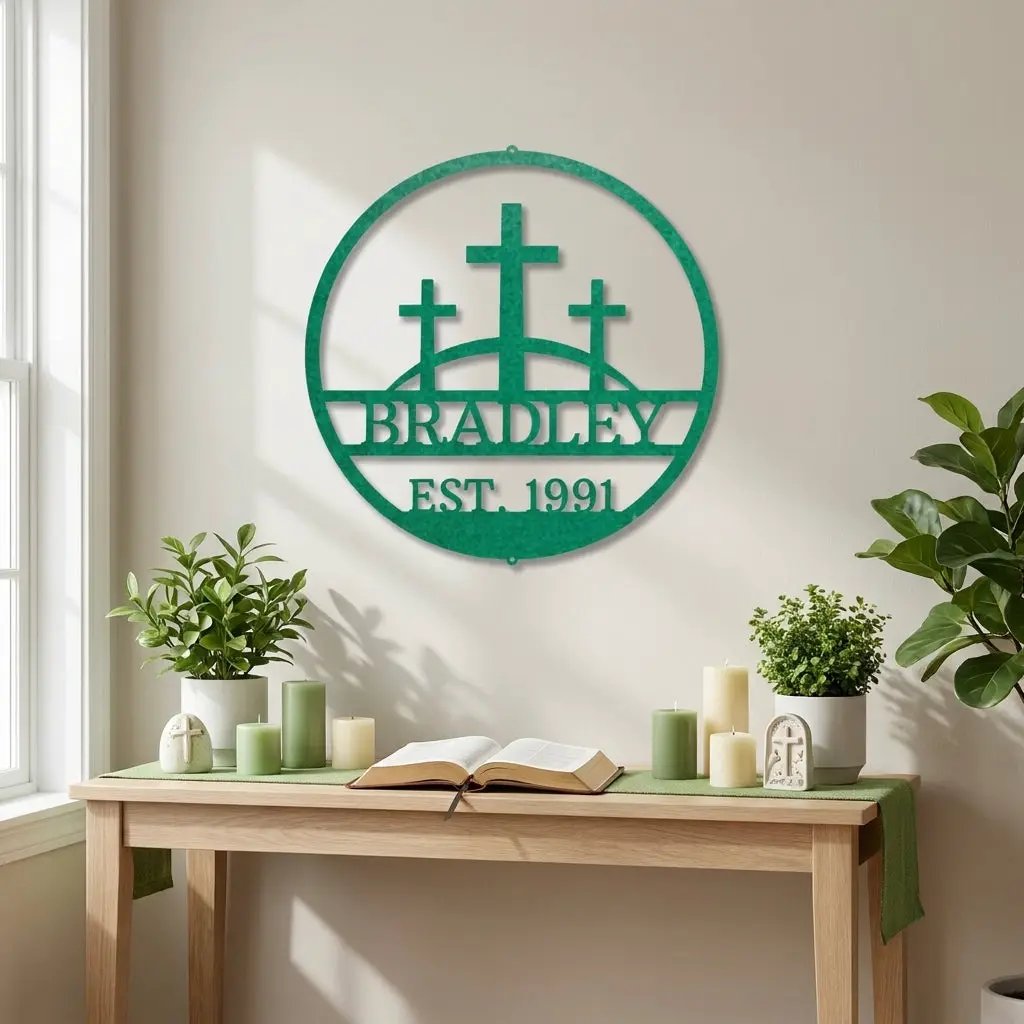 Personalized Three Crosses Metal Wall Art | Christian Family Name Sign | Faith Based Farmhouse Decor