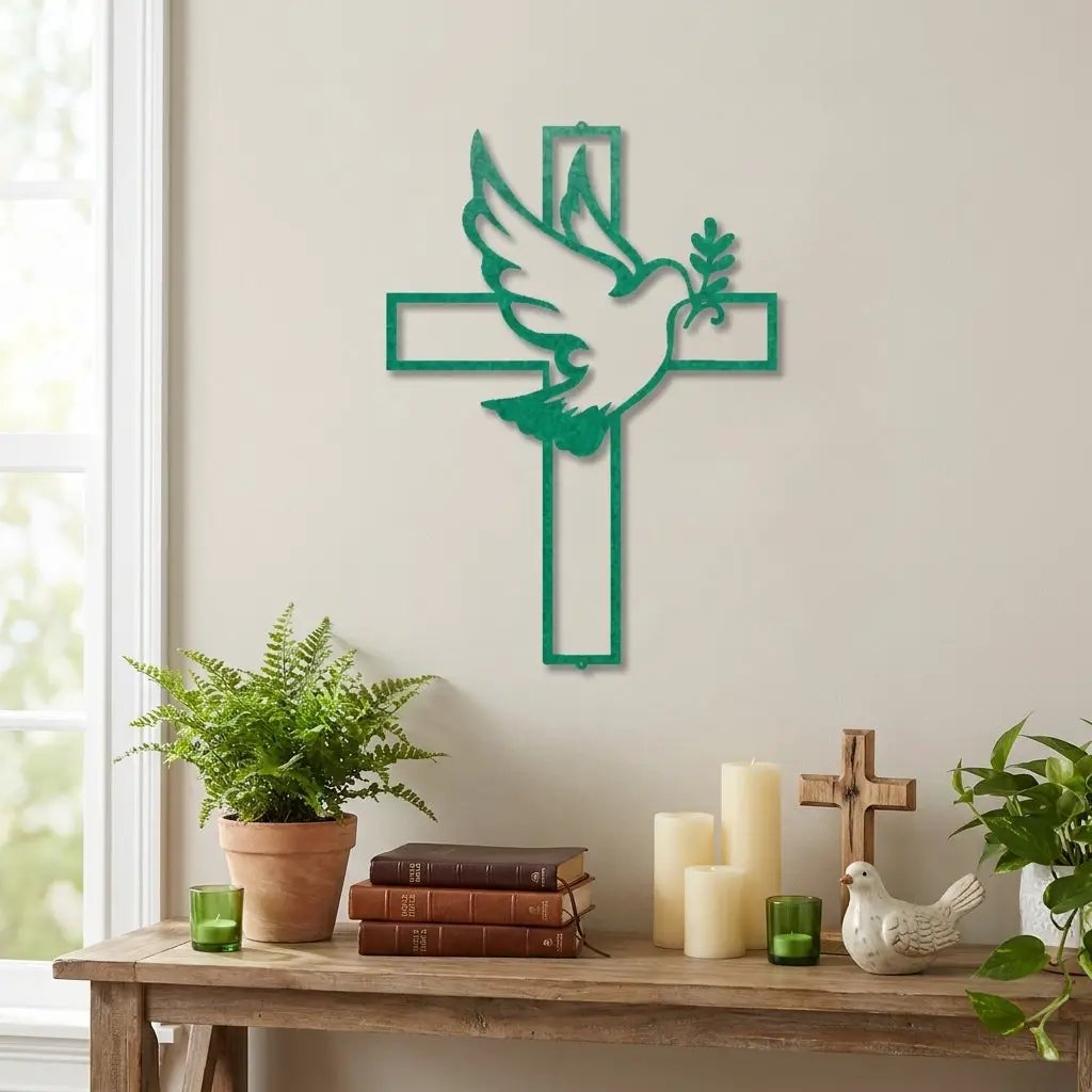 Dove Cross Metal Wall Art | Christian Holy Spirit Decor | Inspirational Religious Wall Hanging