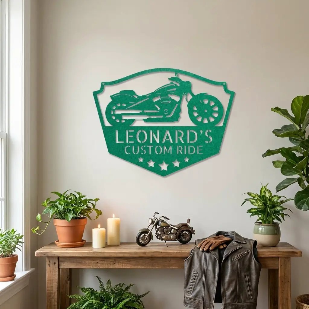 Chopper Motorcycle Shop Custom Name Monogram Indoor Outdoor Steel Wall Sign