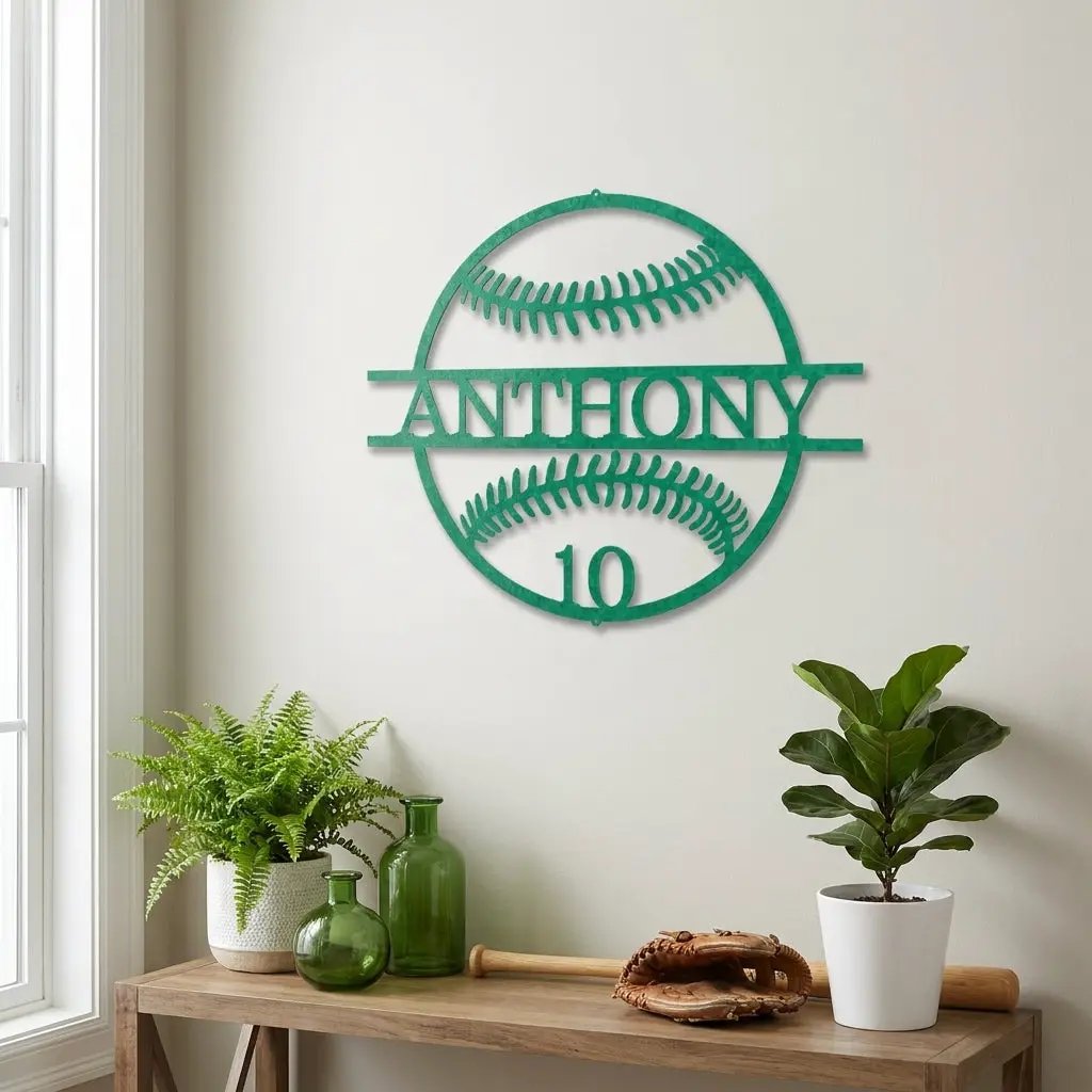 Personalized Baseball Metal Wall Art | Custom Name and Number Baseball Sign | Player Room Decor