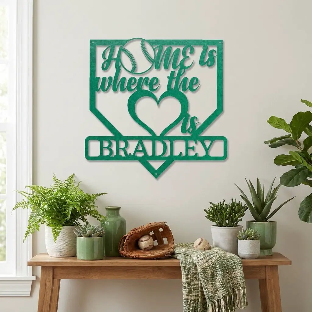Personalized Baseball Home Plate Metal Wall Art | Custom Family Name Baseball Sign | Baseball Lover Home Decor