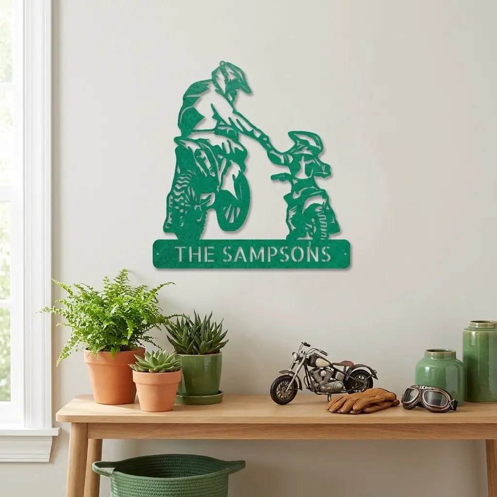 Father and Son Motocross Personalized Name Indoor Outdoor Steel Wall Sign Metal Art