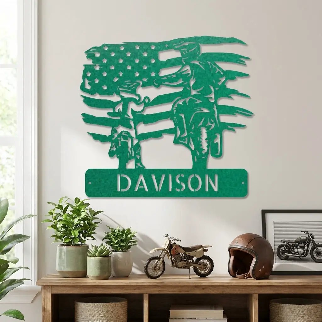 Personalized American Father & Son Motorcycle Metal Wall Art | Patriotic Biker Family Sign | Custom USA Motorcycle Decor