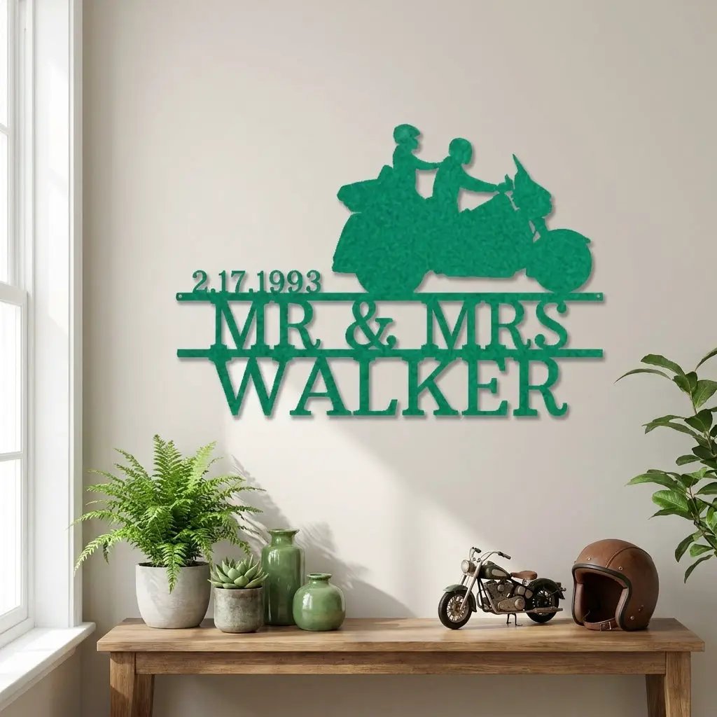 Personalized Motorcycle Couple Metal Sign Mr and Mrs Wedding Gift Custom Biker Wall Art Anniversary Gift Steel Decor