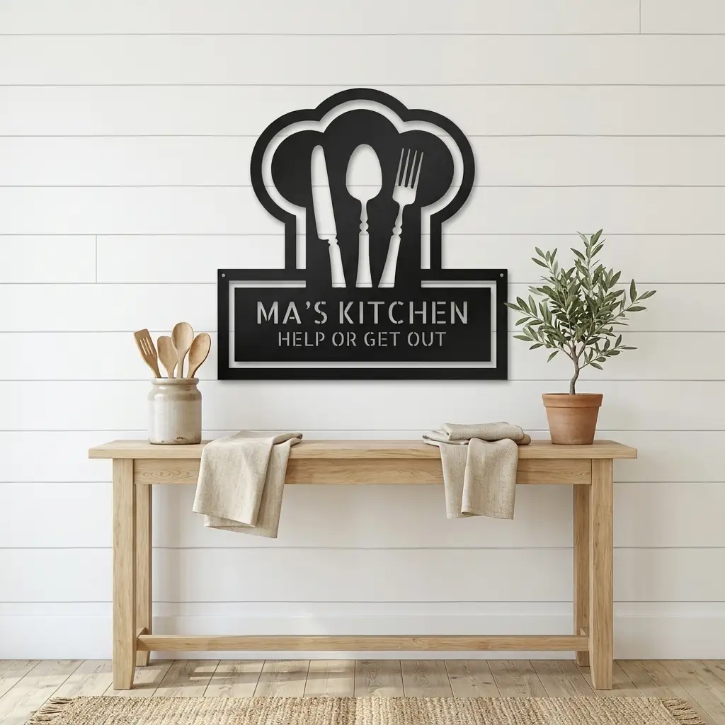 Kitchen Personalized Metal Sign | Custom Chef Hat Wall Decor | Family Name Cooking Sign | Restaurant, Diner, Bistro Art