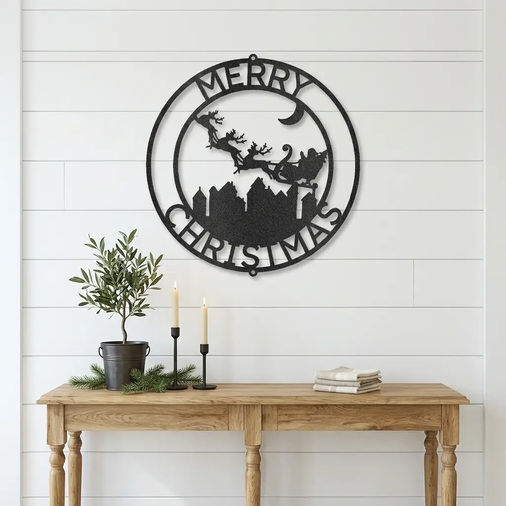 Personalized Santa Sleigh Flying Over Town Metal Wall Art – Custom Family Name Christmas Sign – Holiday Steel Décor (5 Sizes, 5 Colors)