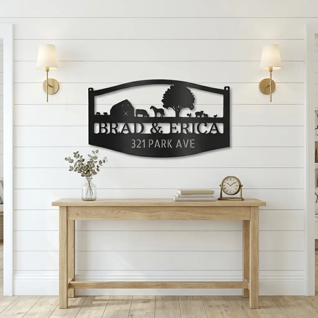 Farm Scene Custom Name Indoor Outdoor Monogram Steel Wall Sign