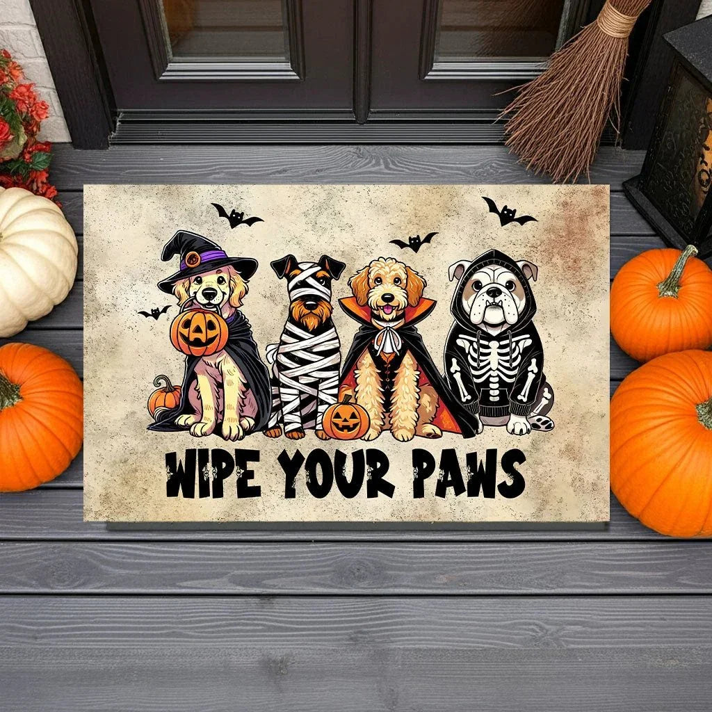 Wipe Your Paws Halloween Doormat – Cute Dogs in Costumes Welcome Mat – Funny Spooky Fall Decor for Dog Lovers