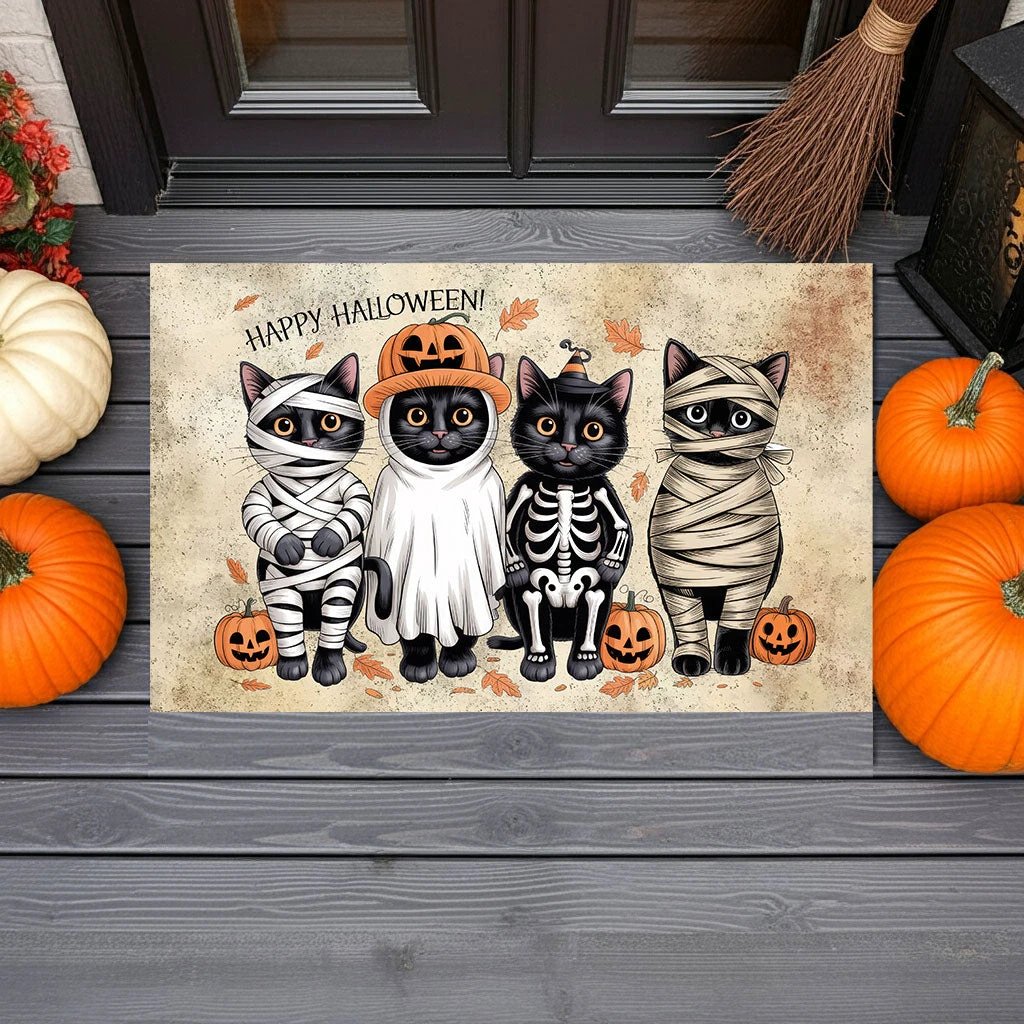 Happy Halloween Cat Doormat – Cute Black Cats in Costumes Welcome Mat – Funny Spooky Fall Décor for Cat Lovers