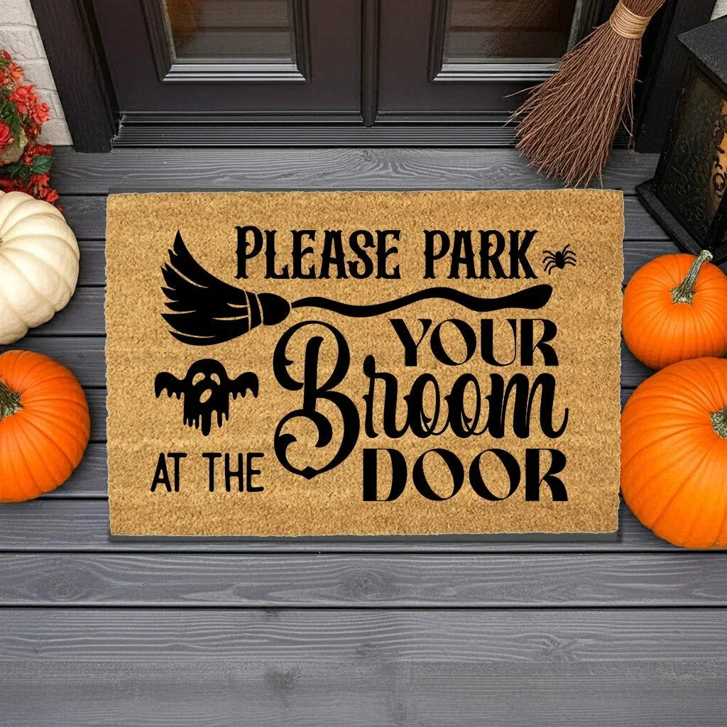 Please Park Your Broom at the Door Coir Doormat – Witchy Halloween Welcome Mat | Funny Fall Porch Decor | Rustic Farmhouse Entryway Rug