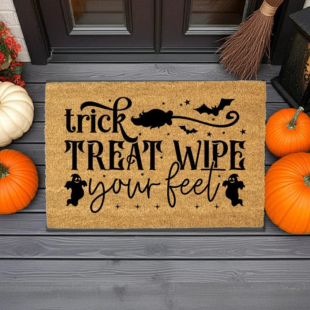 Trick, Treat, Wipe Your Feet Coir Doormat – Funny Halloween Welcome Mat | Spooky Ghost and Bat Porch Decor | Rustic Fall Entryway Rug